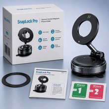 SnapLock Pro magnetic phone holder set with its white retail box, black magnetic base, ring clamp, mounting ring, quick-release instruction card, and two cleaning wipes on a light blue-gray background.