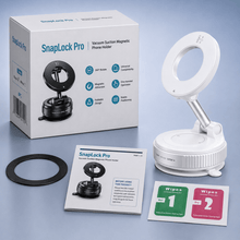 SnapLock Pro white vacuum suction magnetic phone holder unboxing showing retail box, white mount, magnetic ring, instruction manual, and cleaning wipes